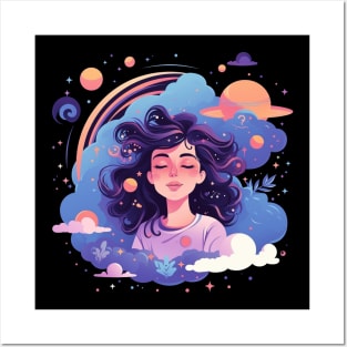 Woman with sweet dreams concept Young girl with galaxy and universe at hairs Posters and Art